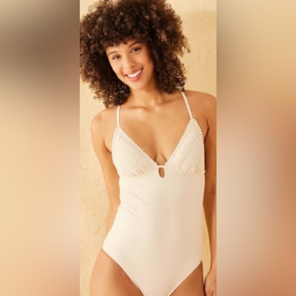 Shade & Shore Swimsuit One Piece White Crochet Full Coverage High Leg Cheeky XL